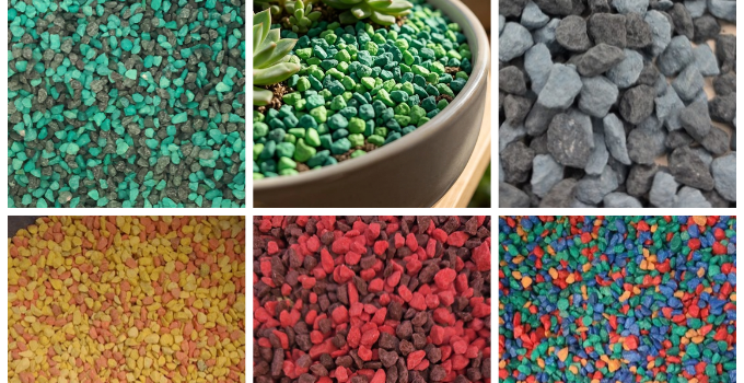 Piedras decorativas de colores combinados en tonos verdes, grises, amarillos, rojos y multicolor para macetas, jardineras y decoración de jardines.